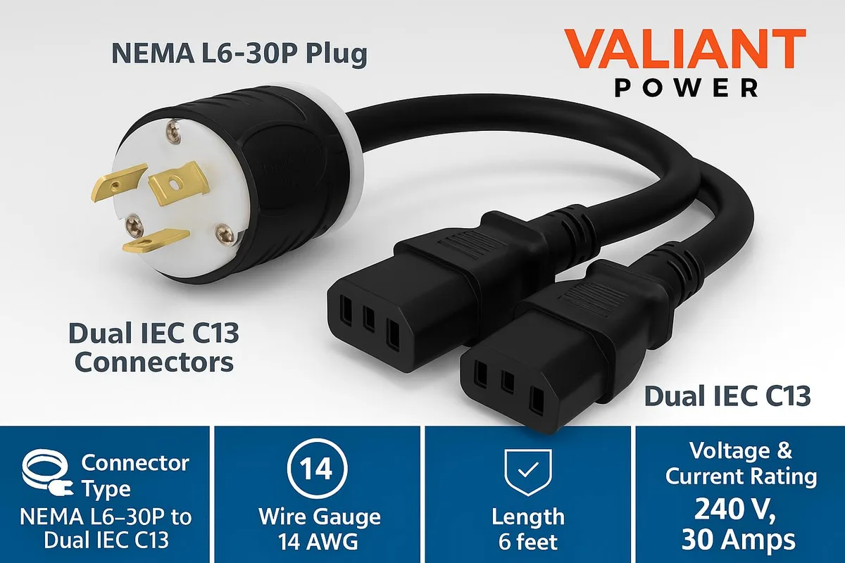 Valiant Power Valiant Power L6-30P to Dual C13 6ft 12AWG 240V 30A mining hardware — product photo