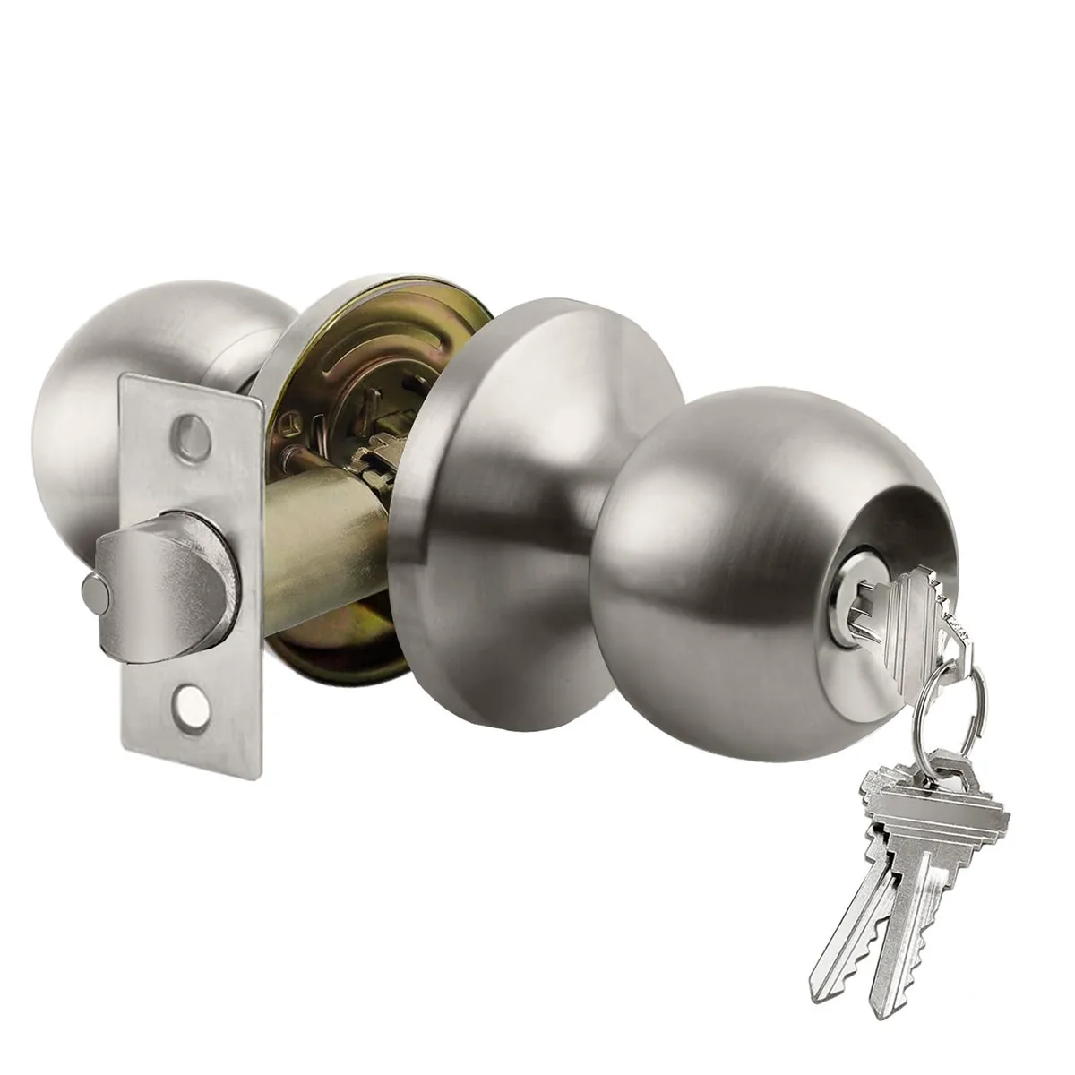 Satin nickel keyed entry door knob with ball handle and lock cylinder