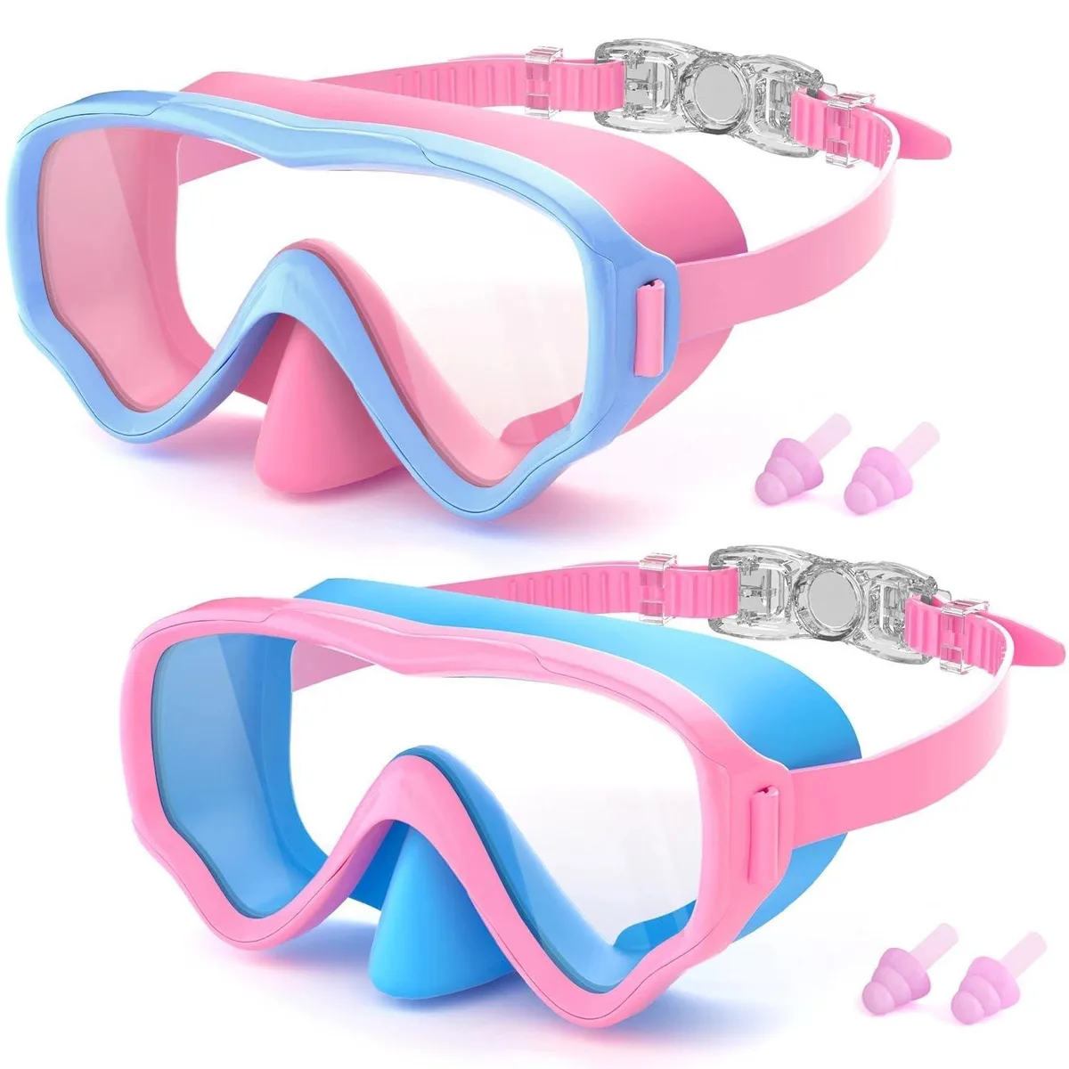 Two blue kids swimming goggles with nose covers and silicone straps on white background