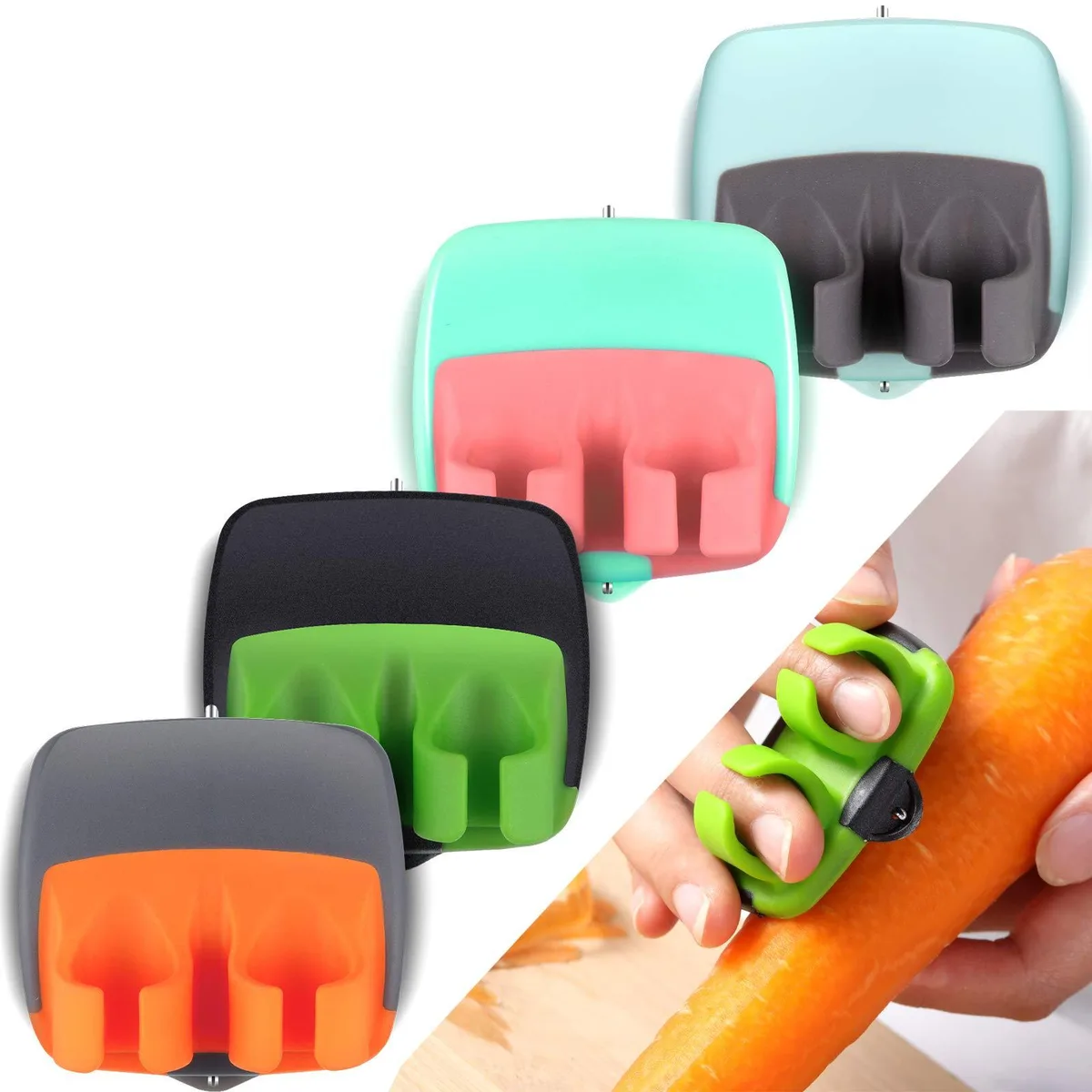 Four stainless-steel finger peelers with coloured rubber grips, each 2.56 in square and .1 in thick
