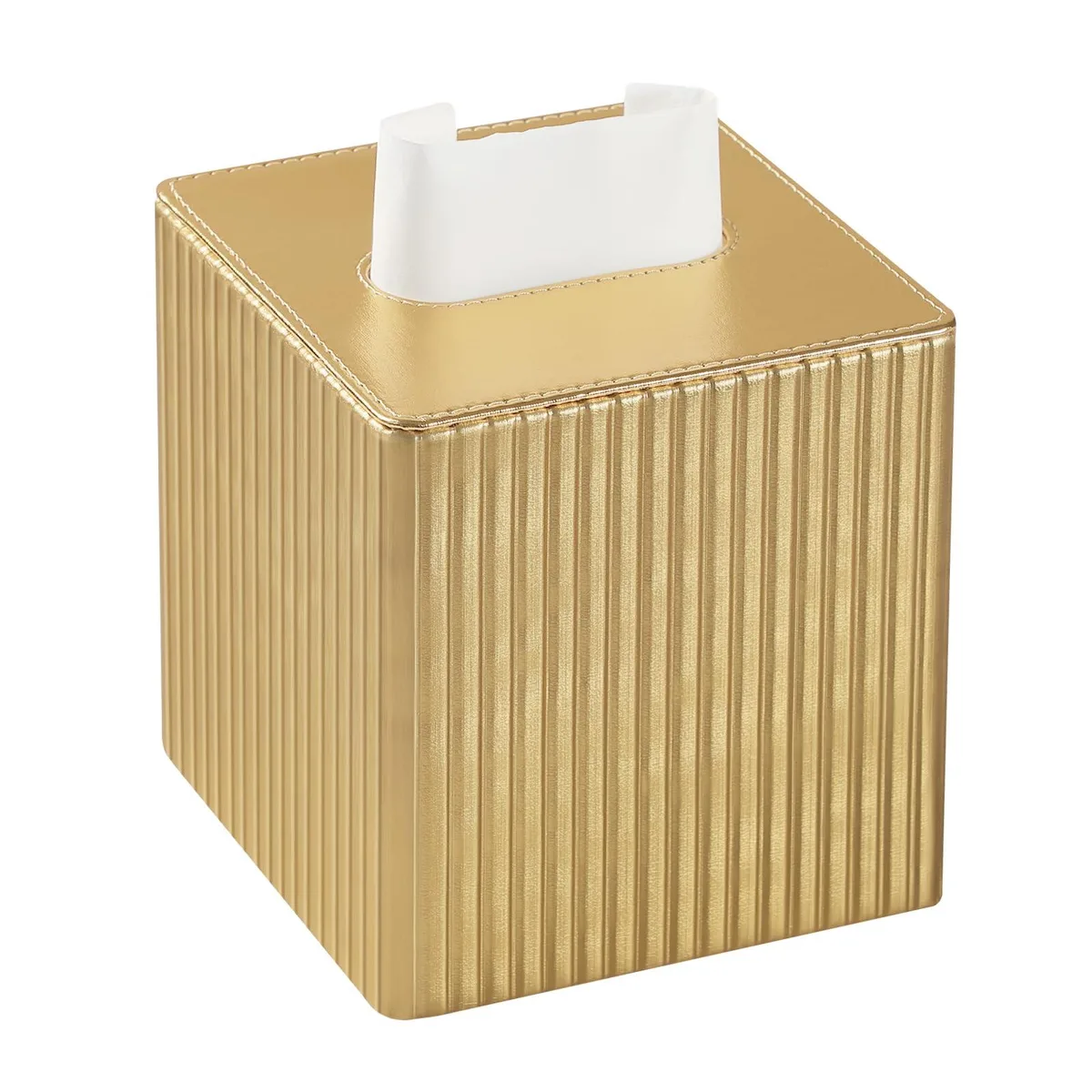 Gold square tissue box cover in PU leather, 5.2 by 5.2 by 5.7 inches