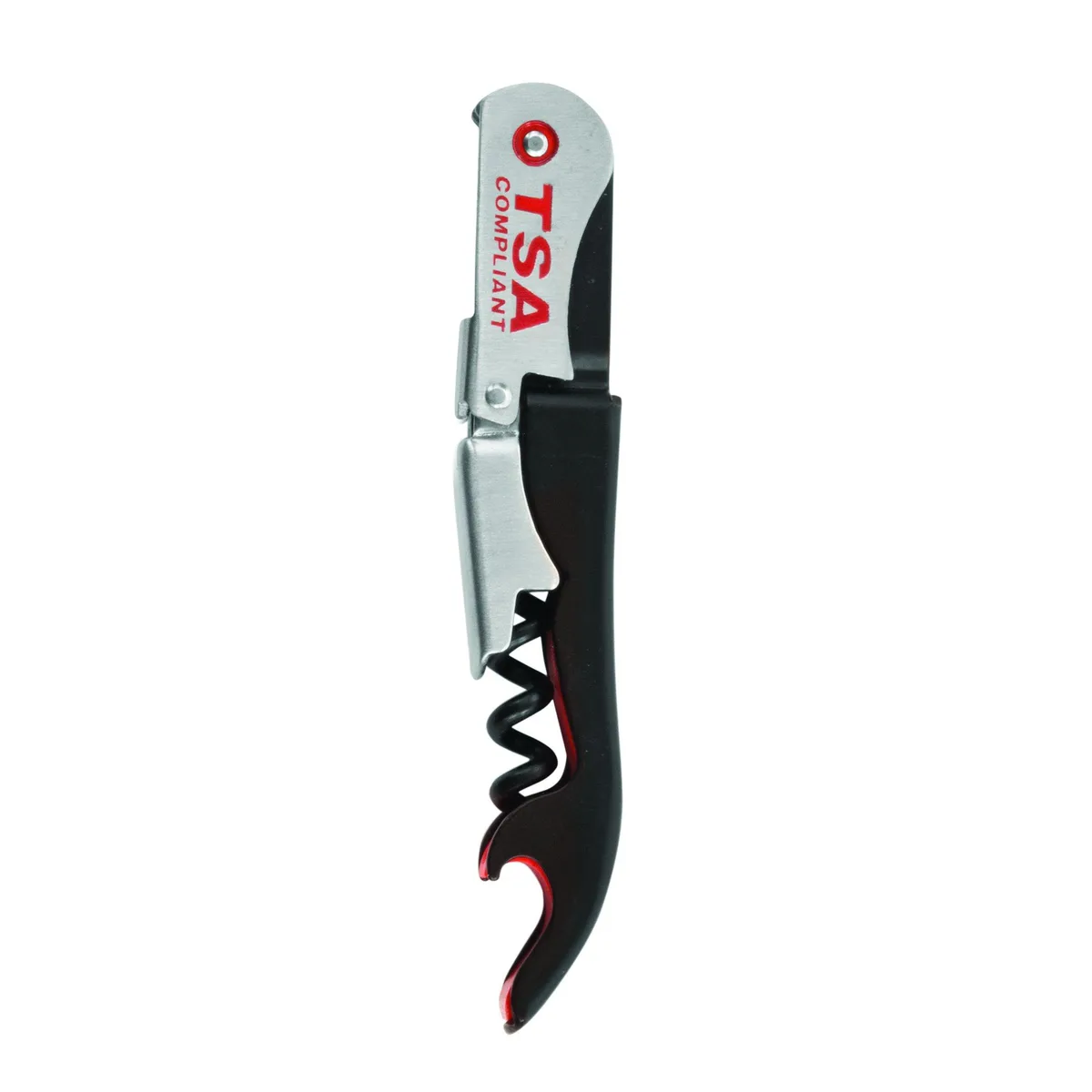 Black double-hinged corkscrew with foil cutter wheels and bottle opener, stainless steel and plastic
