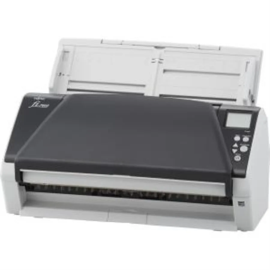 White rectangular sheet-fed scanner with top document feeder and front output tray
