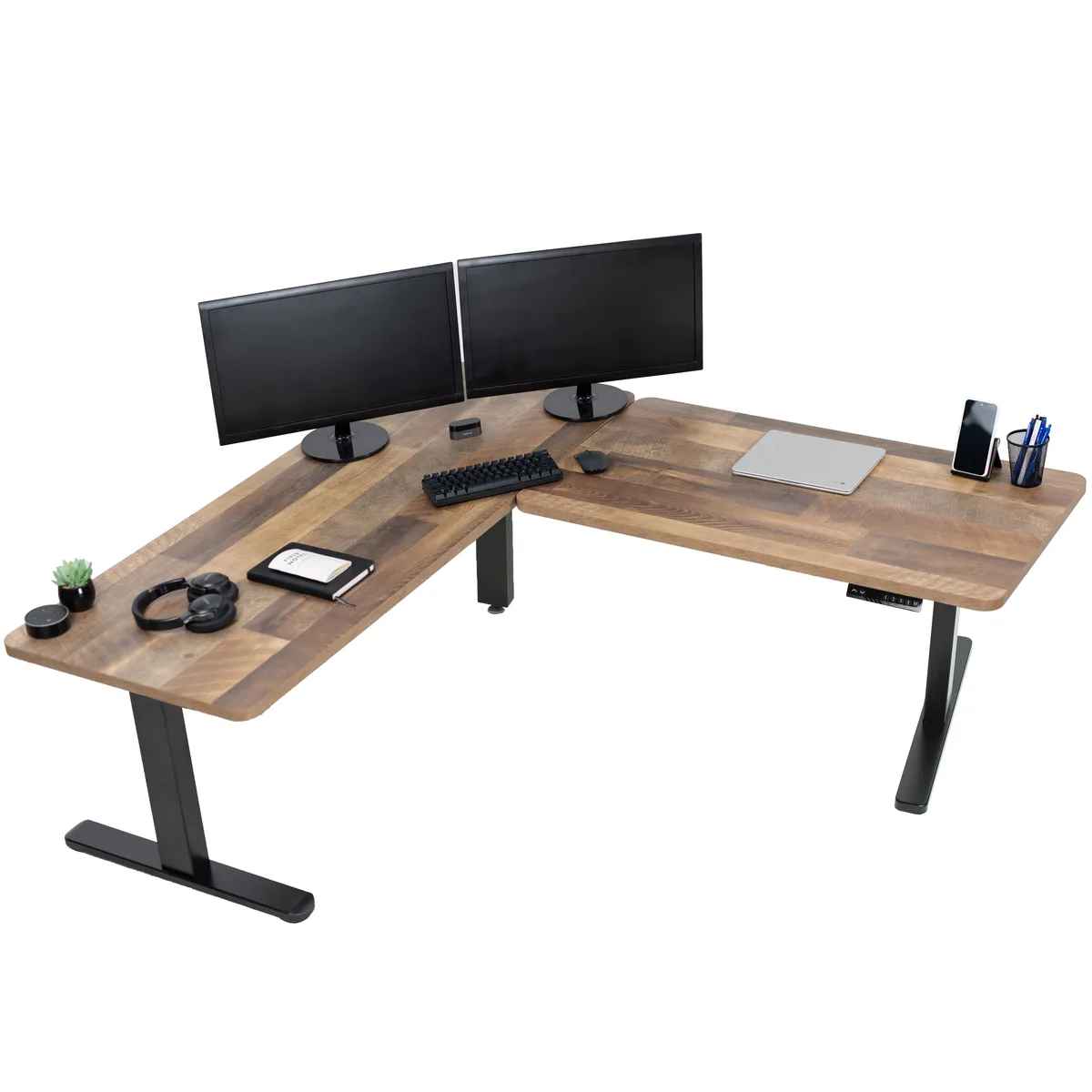 VIVO VIVO Electric Corner Desk 67x60 Reclaimed Wood/Black Frame — product photo