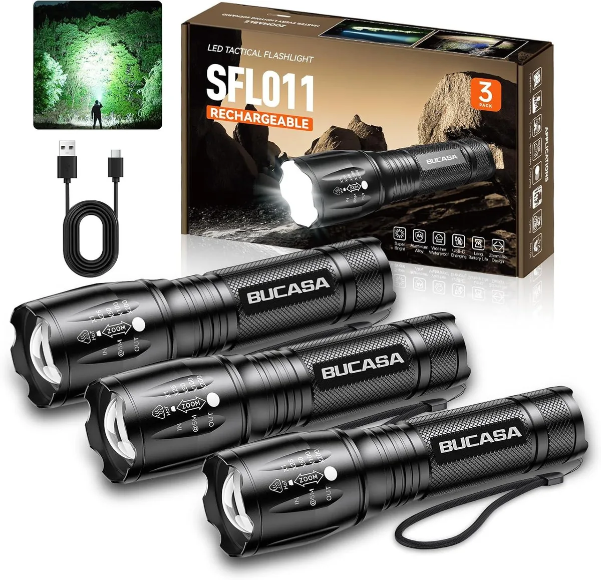 Three compact silver flashlights with zoom heads and Type-C ports, 4.4 inches long, 86 grams each