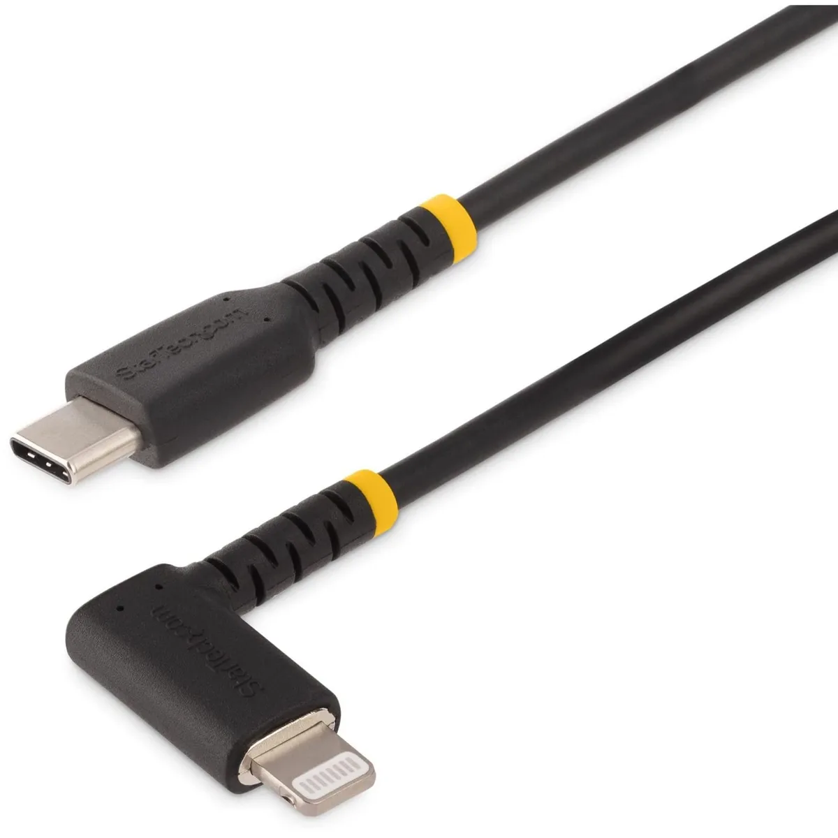 Black USB-C to right-angled Lightning cable, 1 metre, aramid fibre braid, TPE jacket
