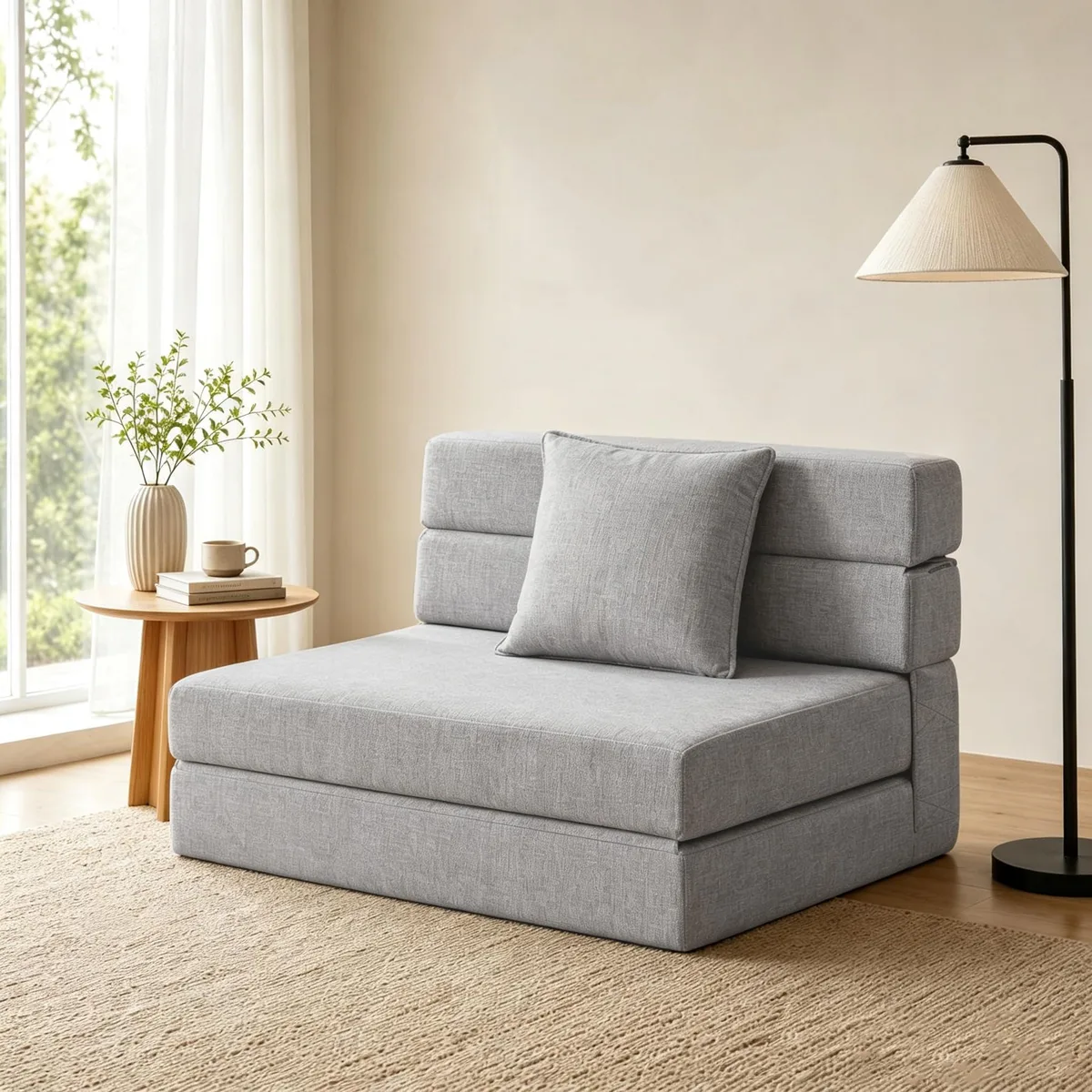 Light grey fabric folding sofa bed with pillow, rectangular armless form, 39 inches wide