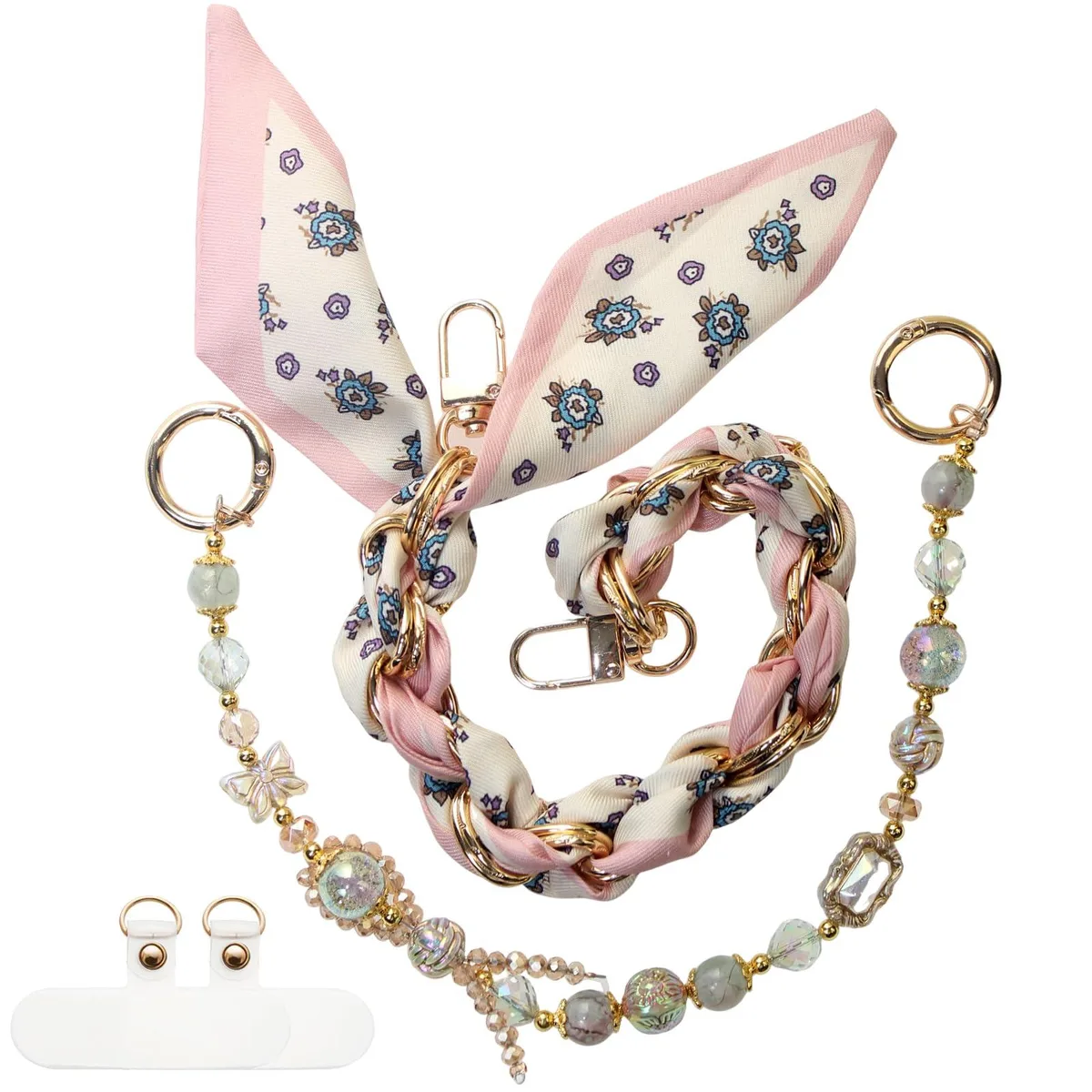  ANROFA Beaded Phone Charms Wrist Strap Style2 Pink Crystal Gold 2 Tether Tabs — product photo