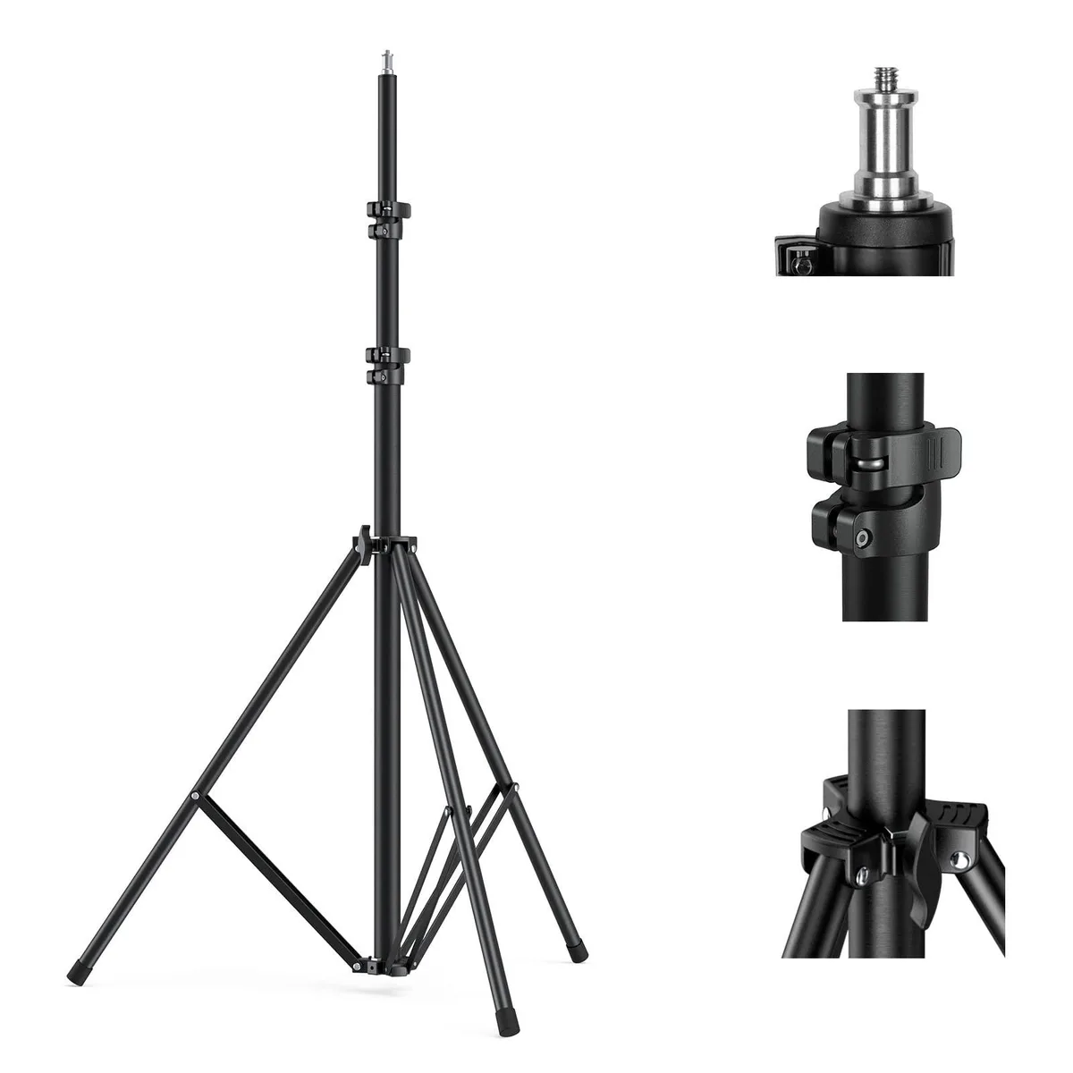 Black aluminum light stand 940 mm folded, air-cushioned columns, flip locks, 1/4" thread adapter
