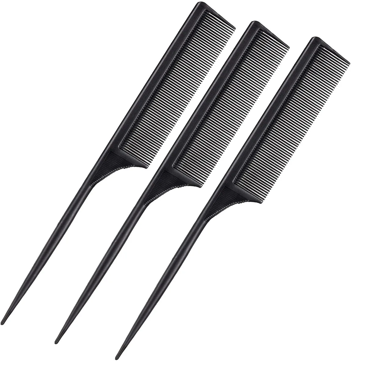 Three black carbon fibre rat tail combs with fine teeth and tapered handles