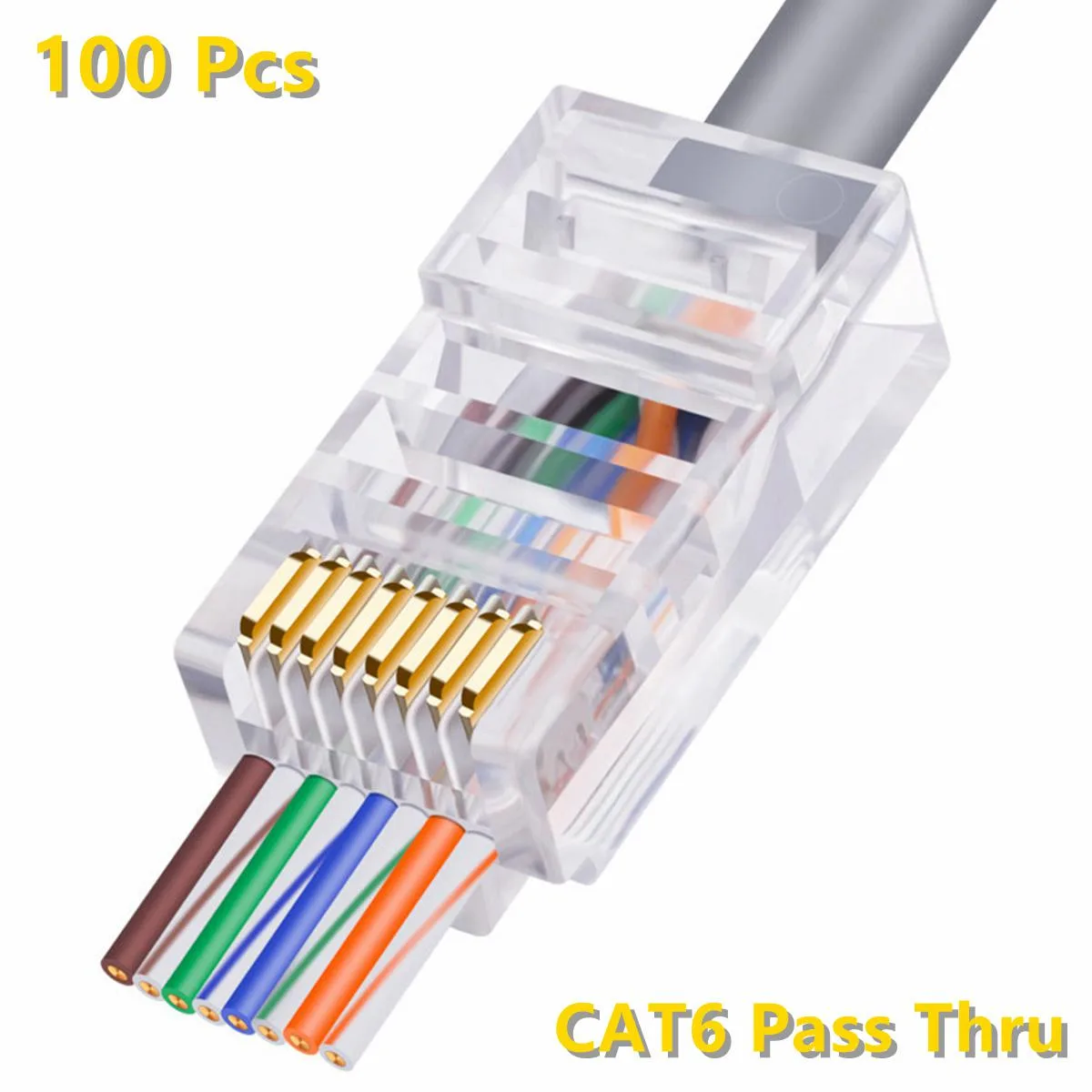 Yankok Yankok CAT6 Pass Through RJ45 Connectors 8P8C Gold 100 Pack — product photo