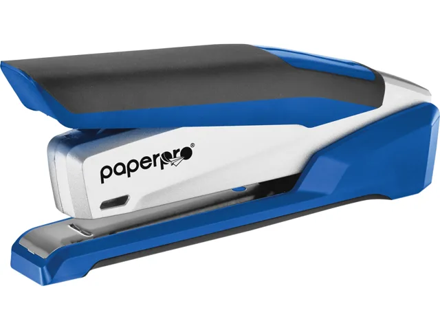 Blue and silver desktop stapler, compact rectangular shape with curved grip, stands upright or flat
