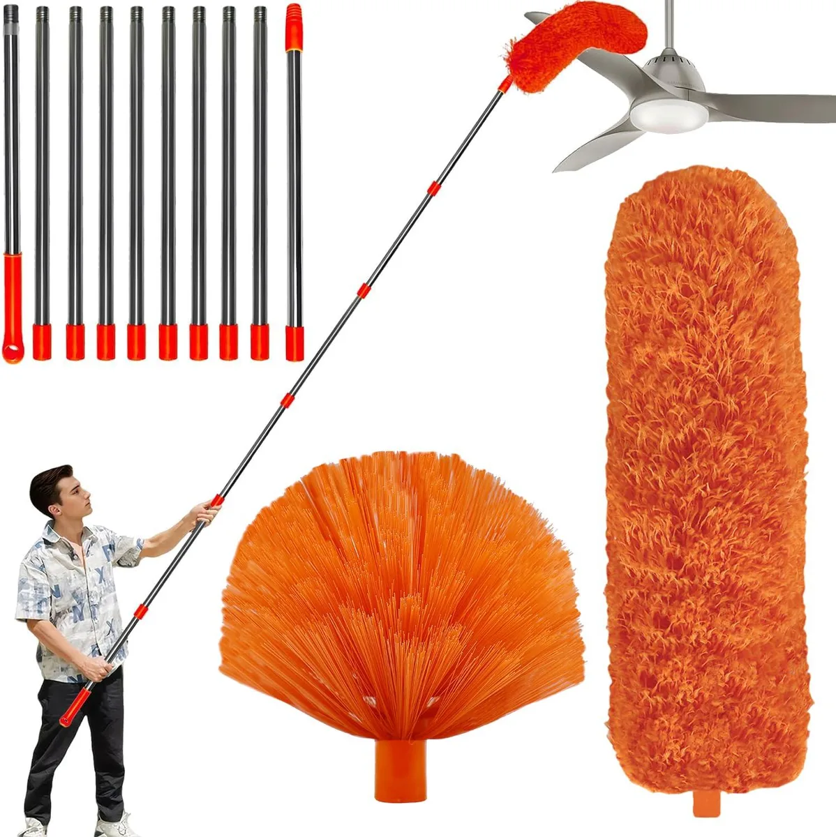 Microfiber duster kit with 14 ft stainless pole and two washable heads