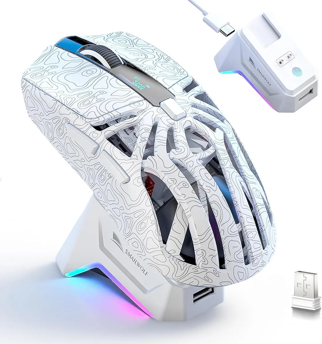 Hitoor Hitoor M8 Gaming Mouse PAW3311 12000 DPI 72g Tri-Mode RGB Magnetic Dock White — product photo