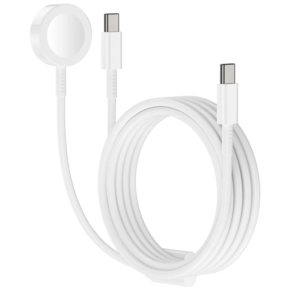 White 2-in-1 USB-C cable with magnetic Apple Watch puck and USB-C tip, 6ft