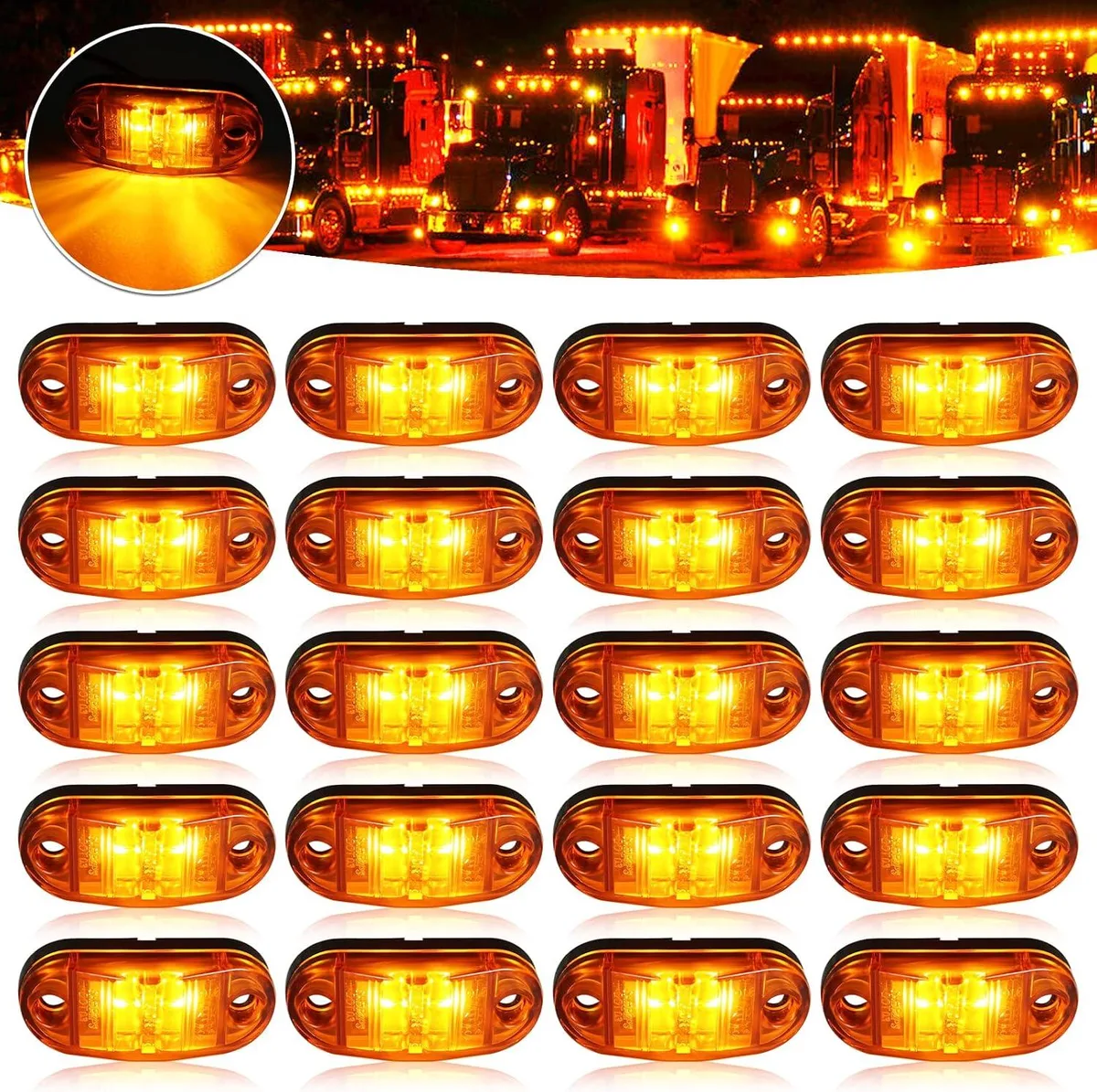 Twenty small round amber and red LED marker lights with black bases and mounting screws