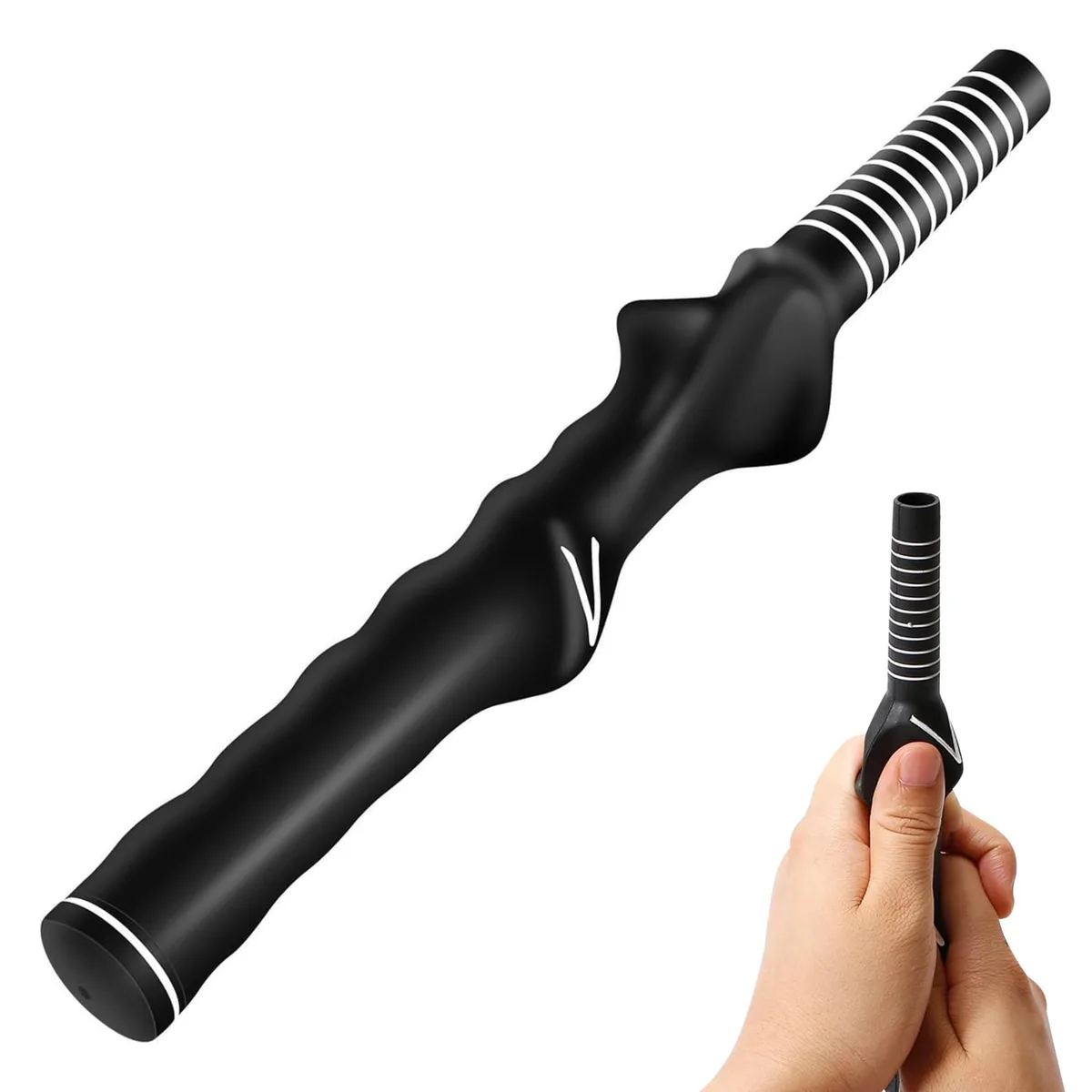 Black right-hand golf grip trainer with moulded anti-slip surface