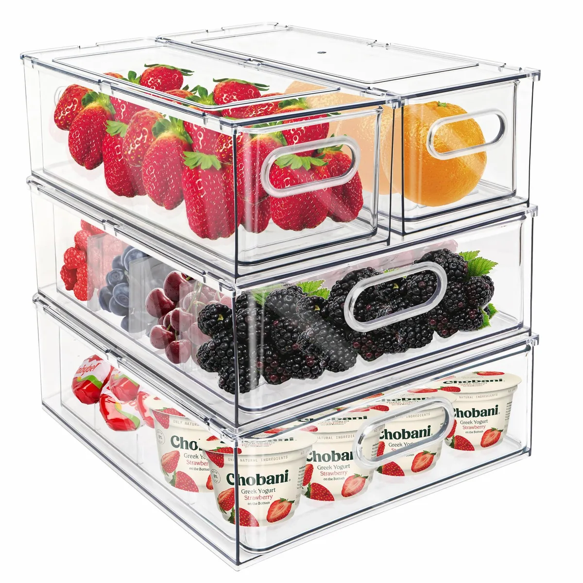 Four red silicone food storage containers with handles, two small and two medium, stacked together