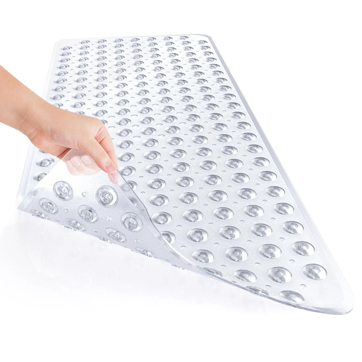 Clear rectangular PVC bath mat 40 by 16 inches with suction cups and drain holes