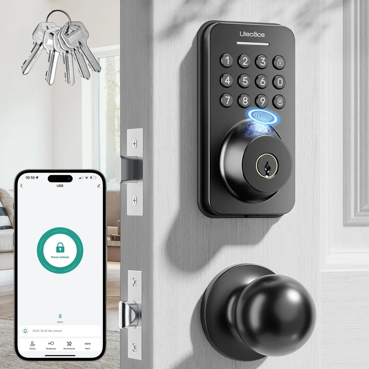 Matte black fingerprint keypad deadbolt with knob set