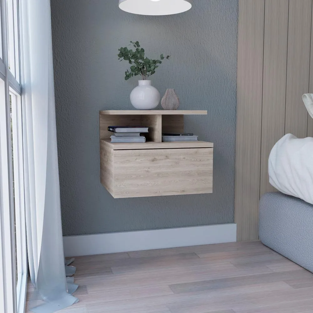 Light gray wall-mounted nightstand with single drawer and two open shelves