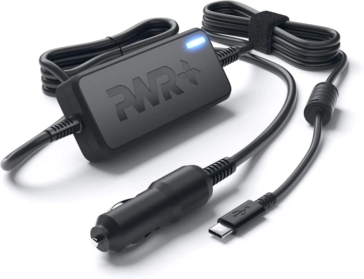 Black USB-C car charger with 10 ft coiled cable and 12V plug
