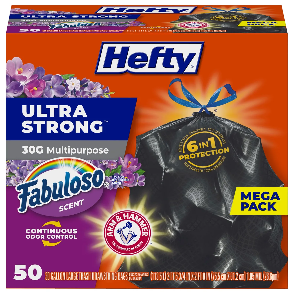 White plastic trash bags in a sealed pack, drawstring closure visible