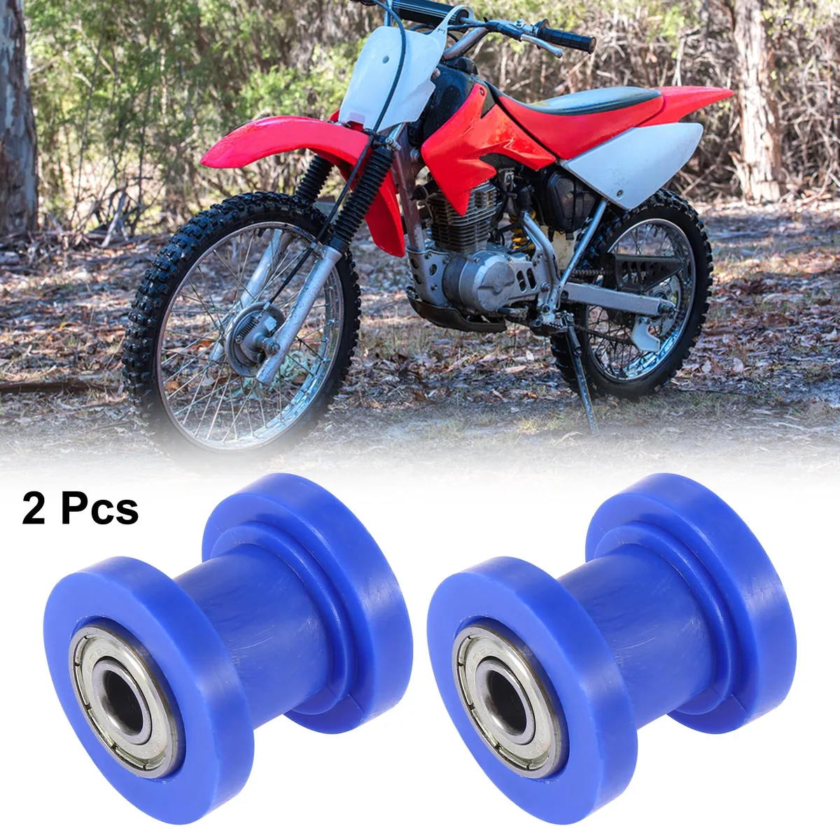 Two blue rubber-and-metal chain tensioner rollers with 8mm bore
