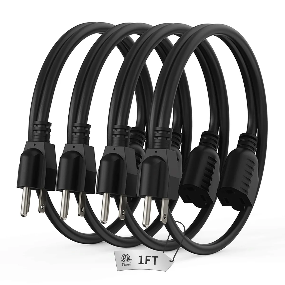 PLUGTUL 1ft 16AWG SJTW Power Extension Cord Black 4 Pack — product photo