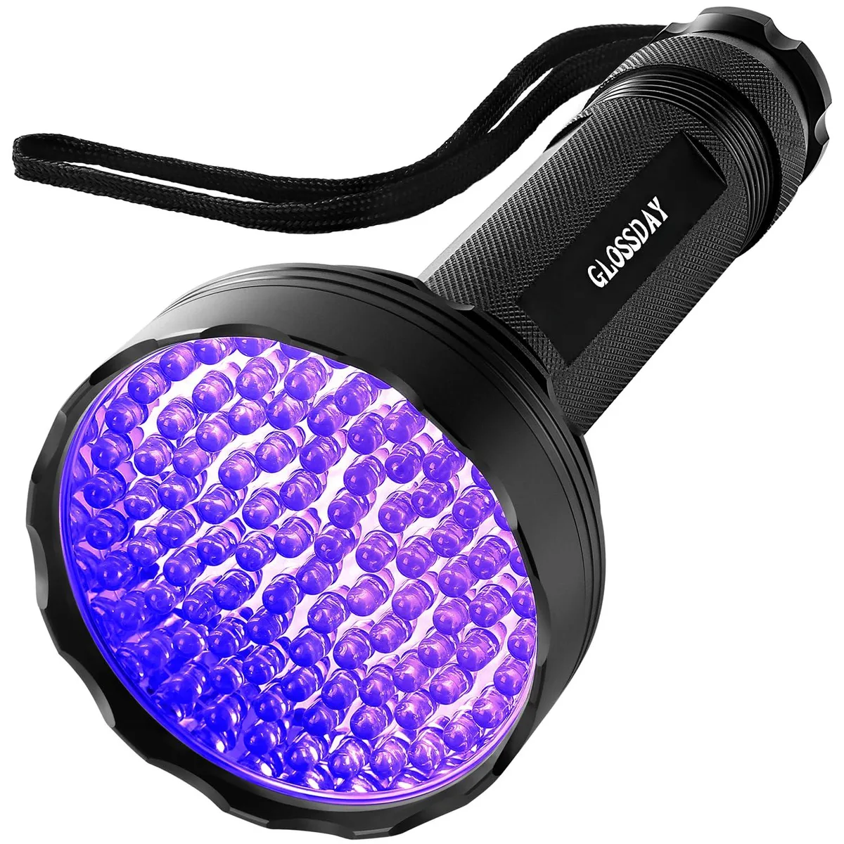 Cylindrical aluminium UV flashlight, 100 LEDs, 395 nm, IP44, 7.6 x 2.95 in, textured grip