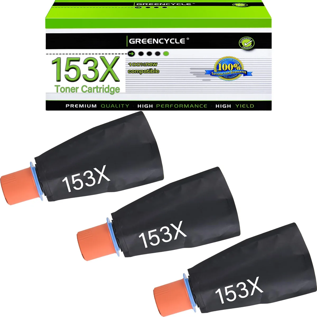 Three black toner reload bottles in a row