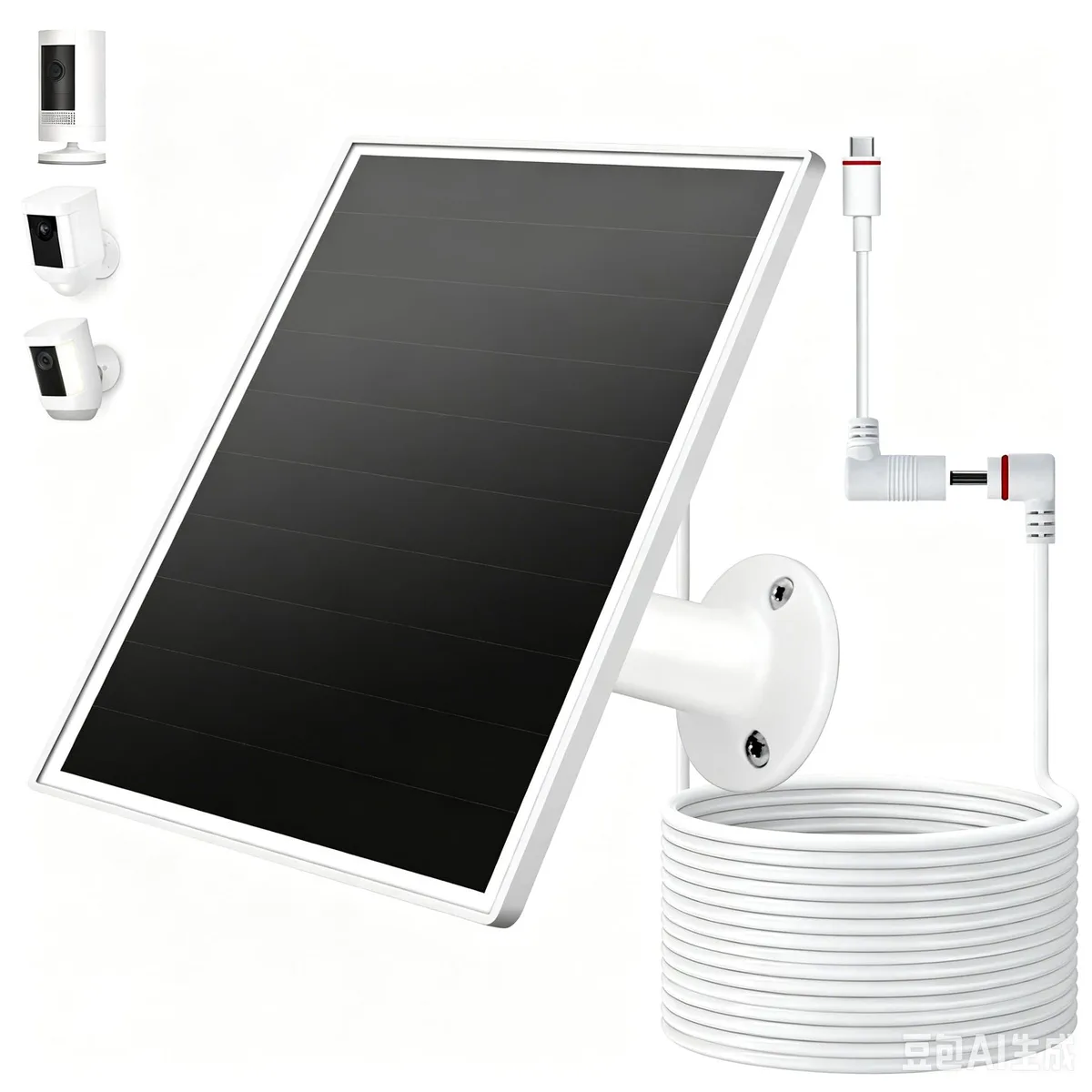 White rectangular solar panel with adjustable bracket and 9.8ft cable ending in USB-C and barrel connectors