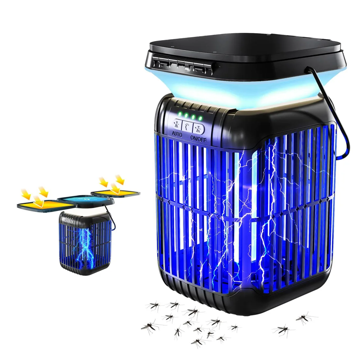 Black cylindrical lantern with dual folding solar panels on top, UV light visible inside, USB-C port on side
