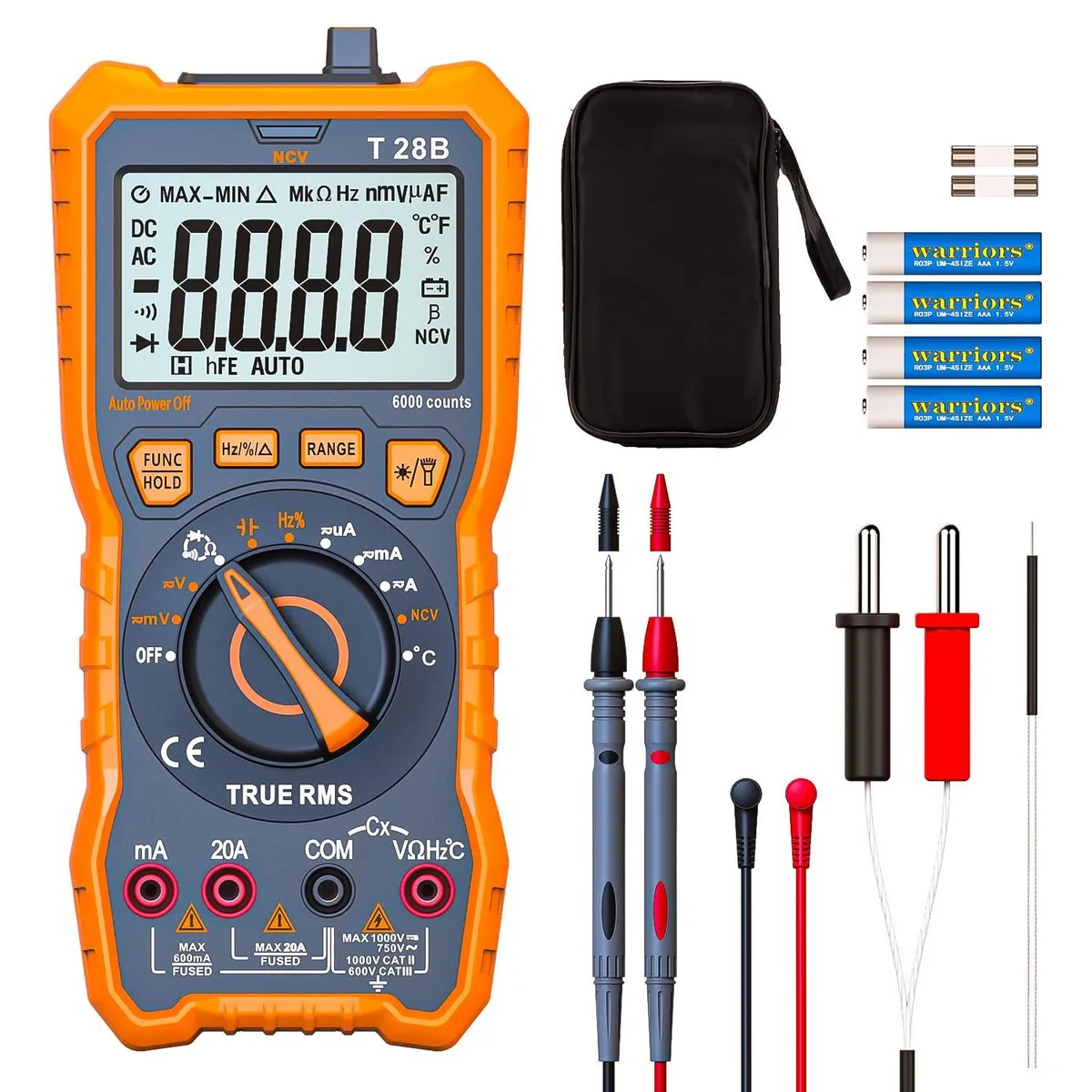 Orange clamp multimeter with digital display and test leads