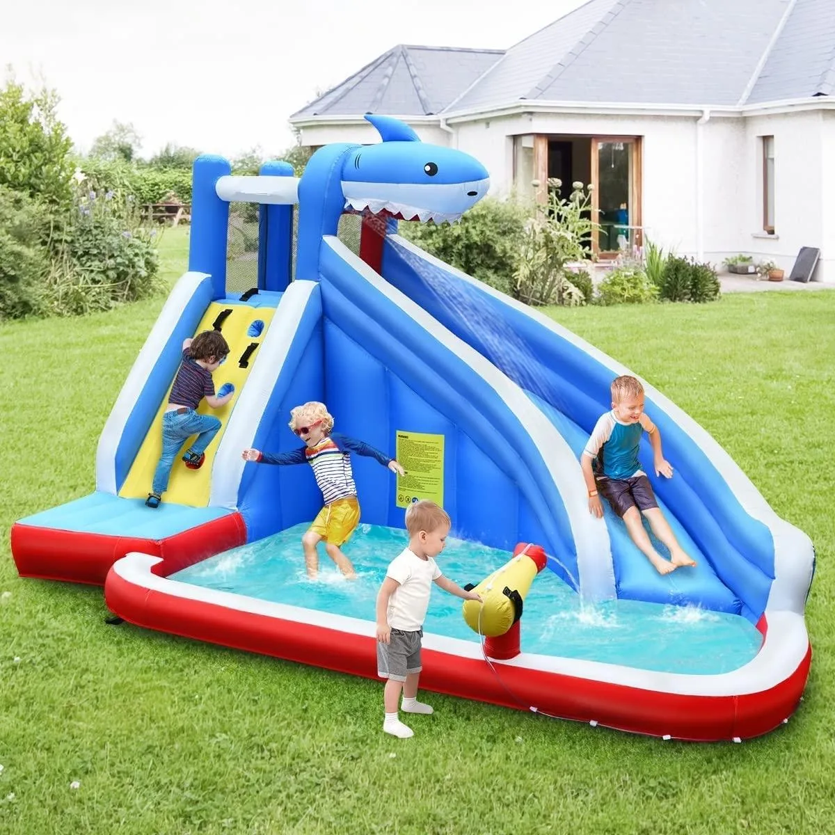 SlickBlue SlickBlue Inflatable Shark Bounce House Water Slide Climbing Wall Outdoor Toy — product photo