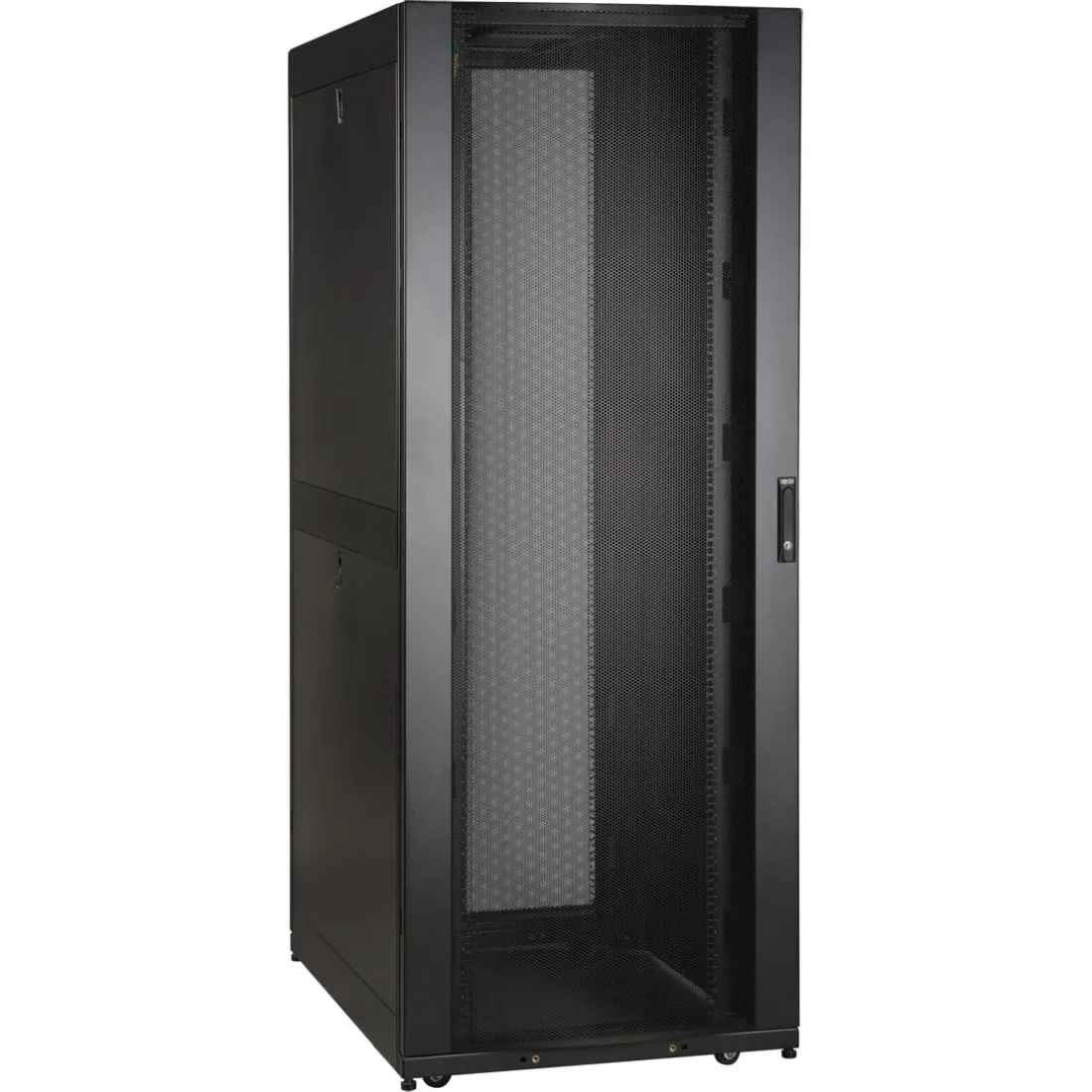 Tall black 19-inch 42U wall-mount server rack with front door and side panels