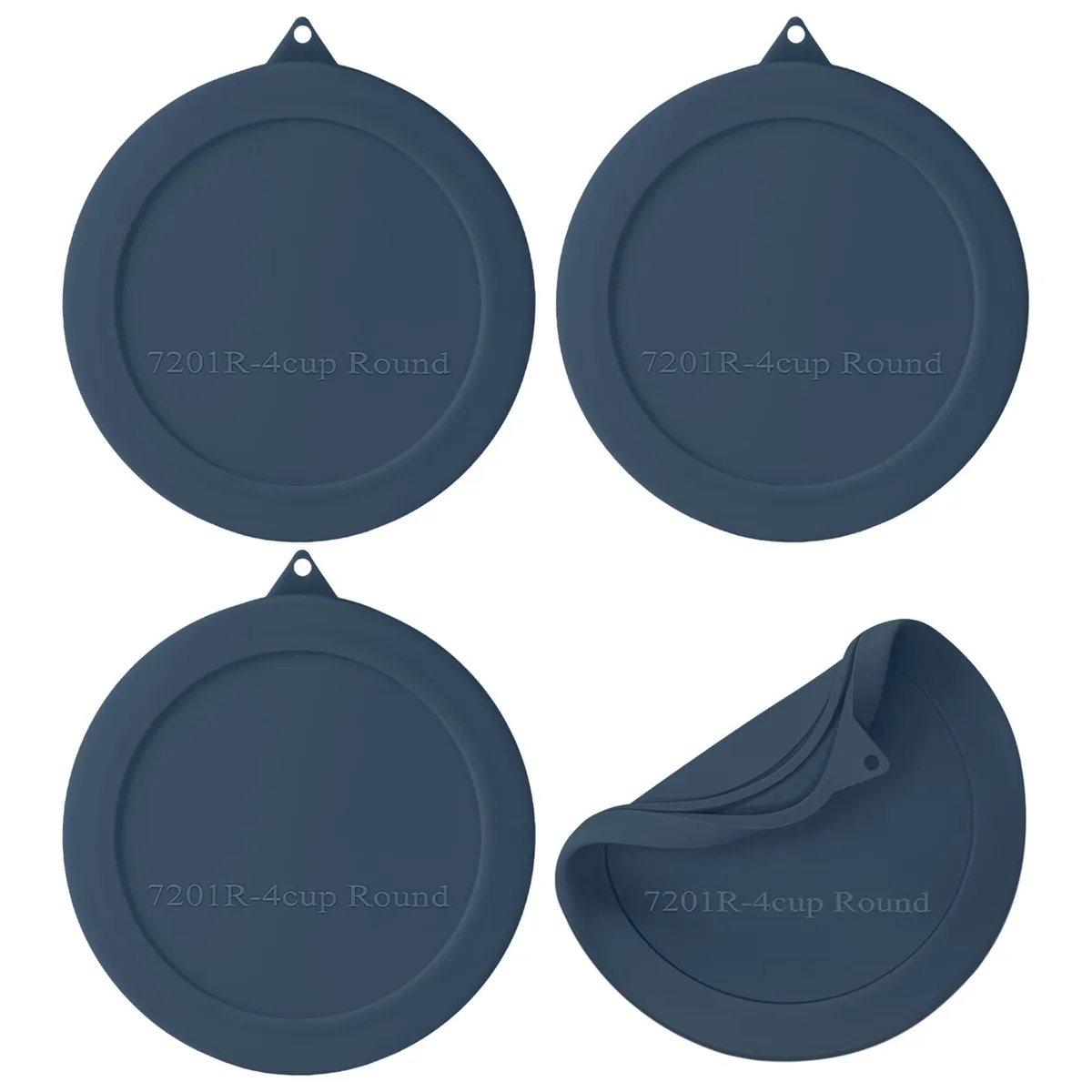 Four navy blue round silicone lids on a plain background