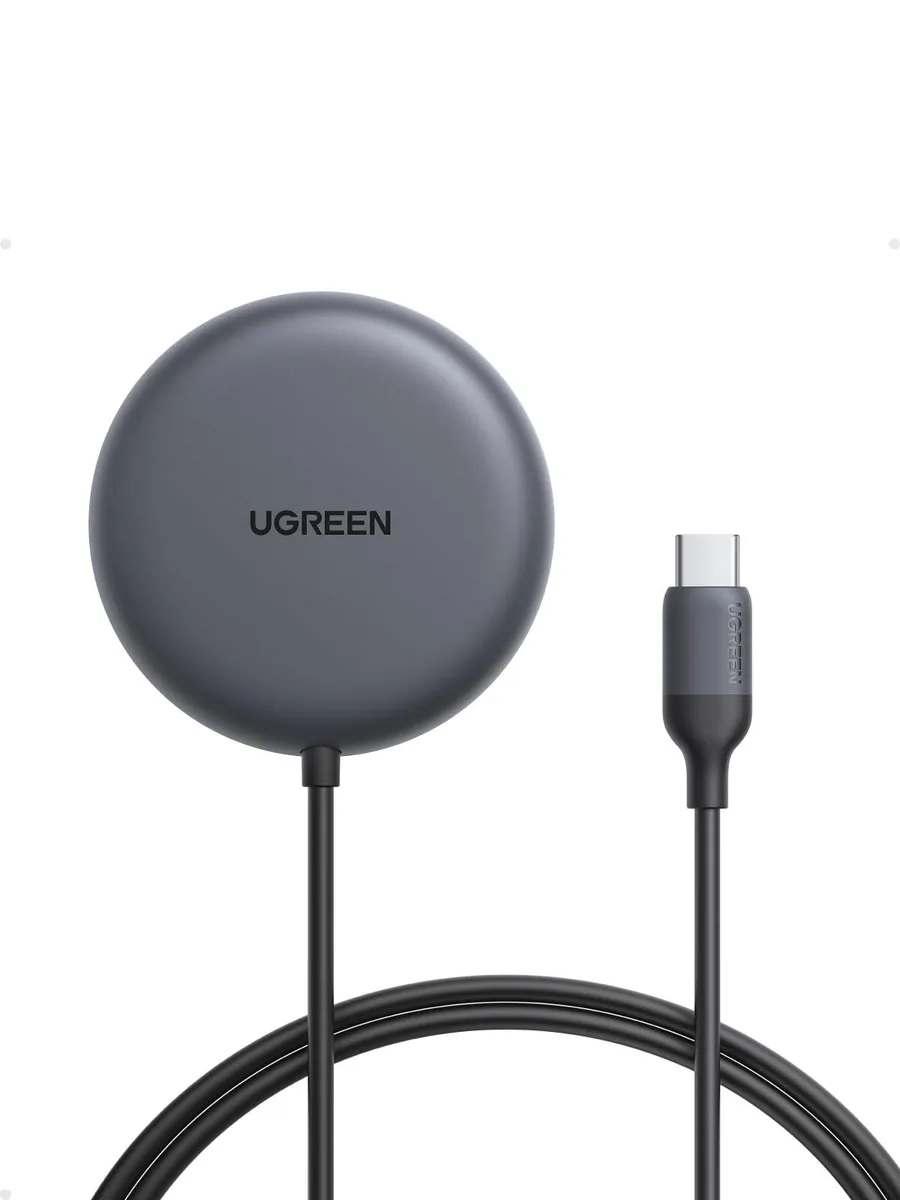 White circular wireless charging pad with attached USB-C cable