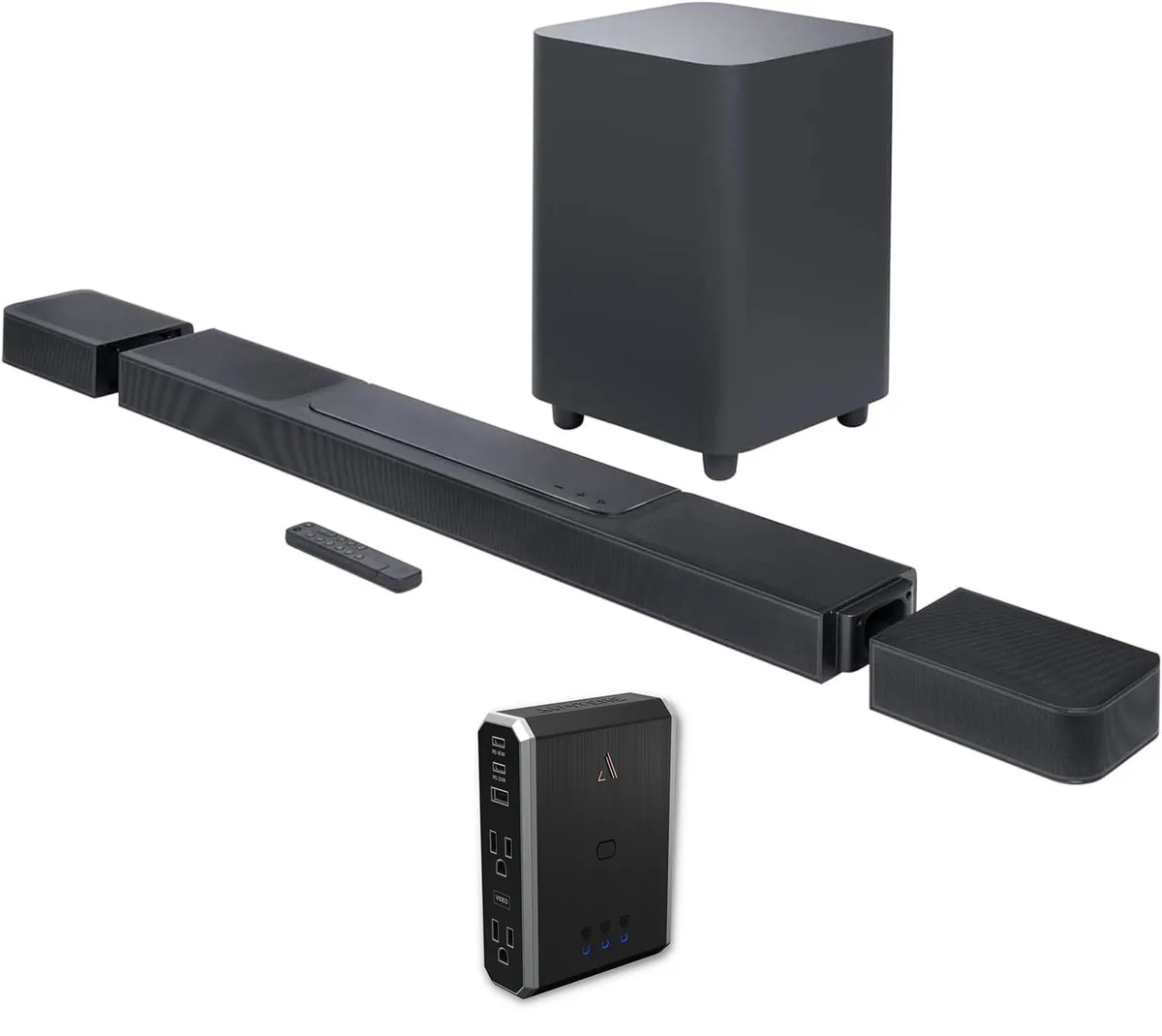 JBL JBL BAR-1300X 11.1.4ch sound bar with detachable surround speakers and Austere 7S-PS4-US1 power outlet — product photo