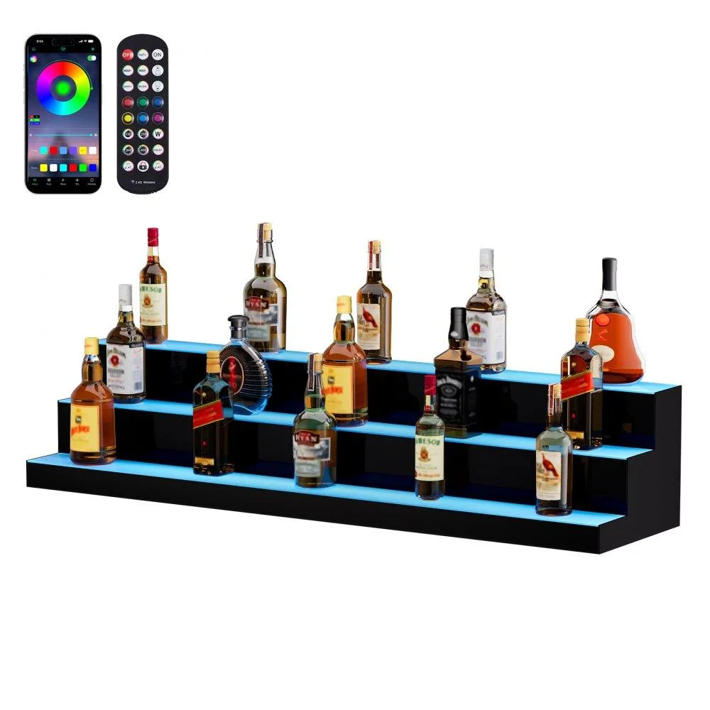 VEVOR VEVOR LED Lighted Liquor Bottle Display 3 Tier 48 Inch Acrylic Shelf RF Remote App Control Multicolor — product photo