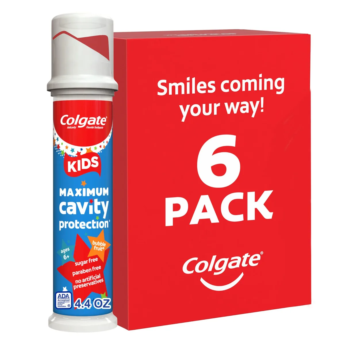 Six white pump tubes in a rectangular pack, each 4.4 oz with bubble fruit flavor