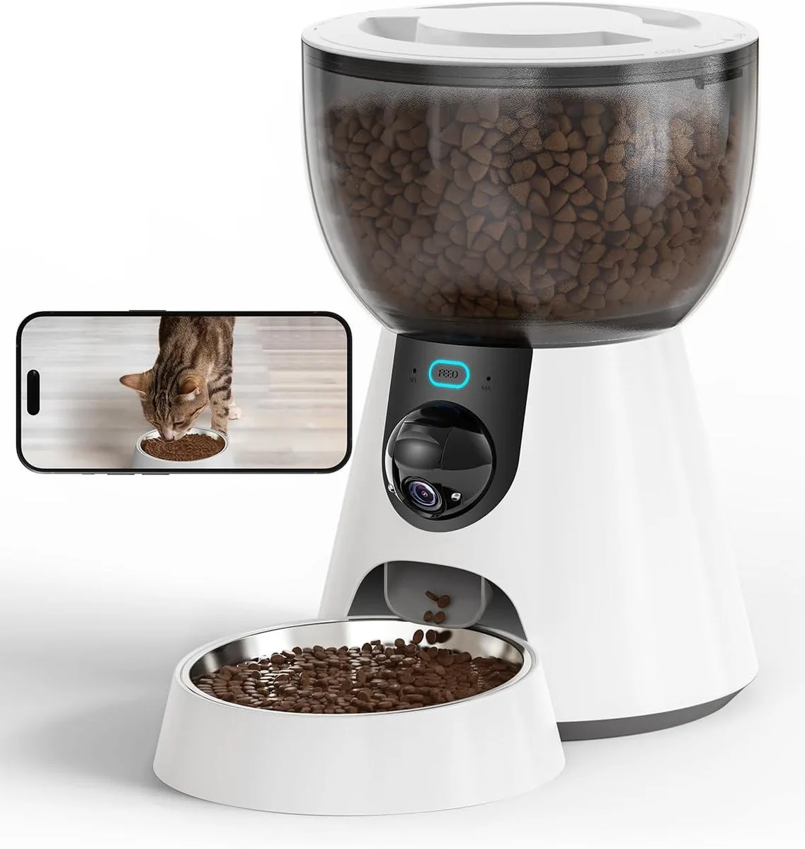 White automatic cat feeder with downward-tilting camera and lens cover