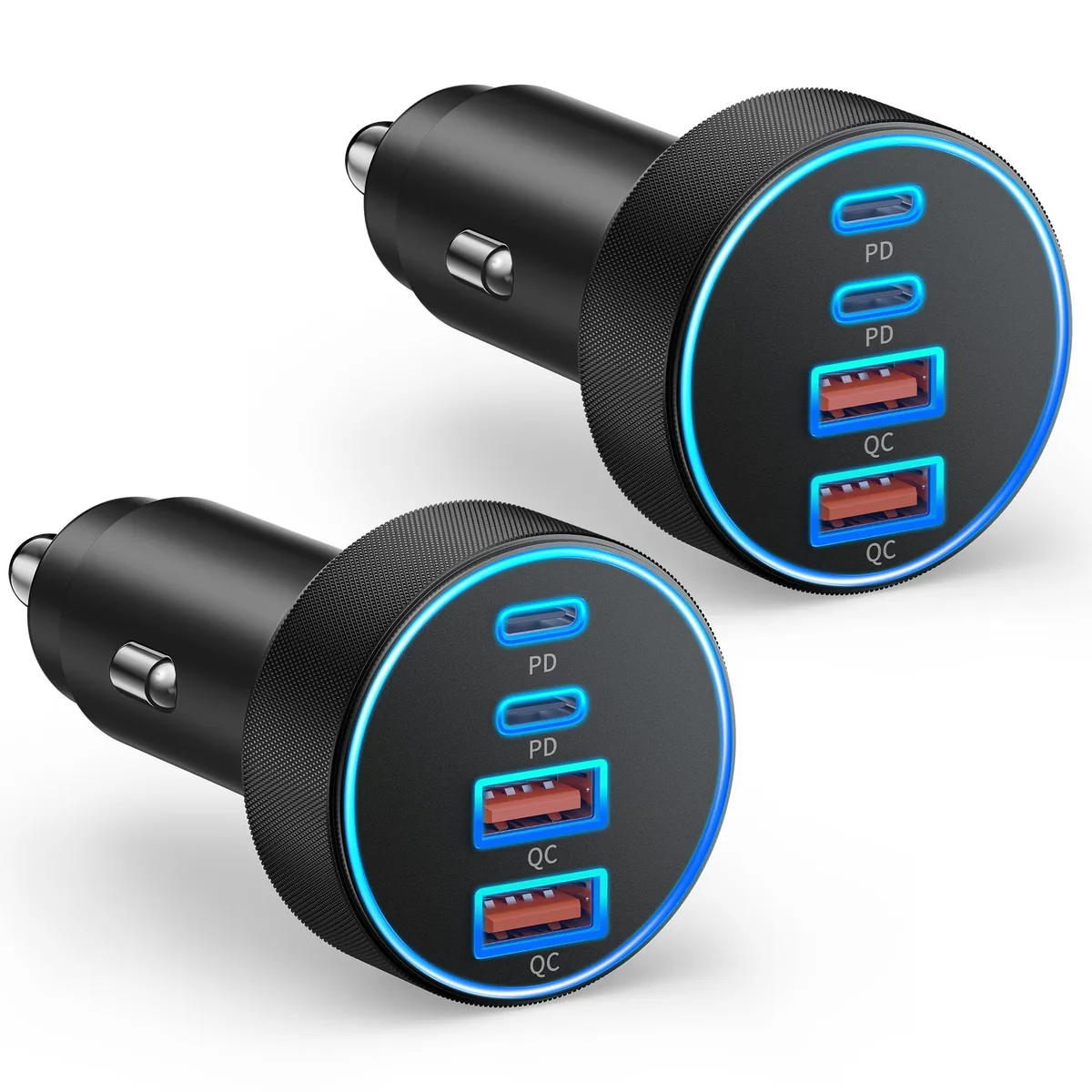 Two black car chargers with four USB ports each