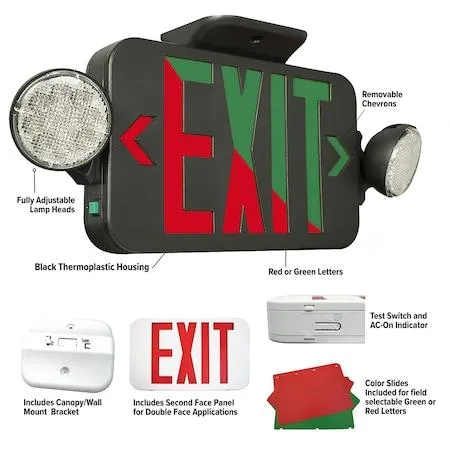 White rectangular exit-emergency light combo with adjustable LED heads and red-green selectable panel