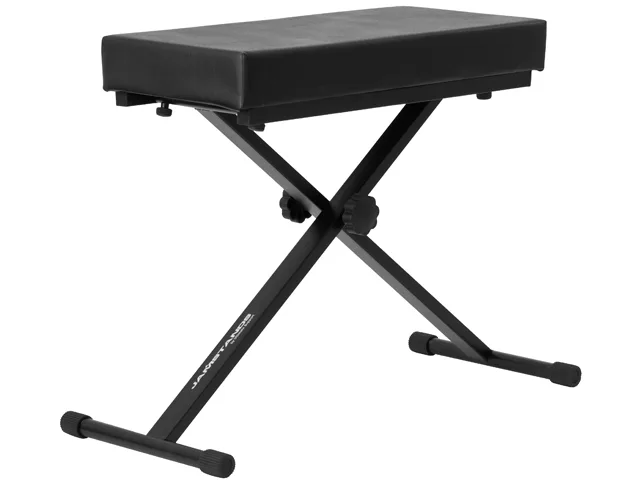 Black X-frame keyboard bench with thick padded seat, folds flat