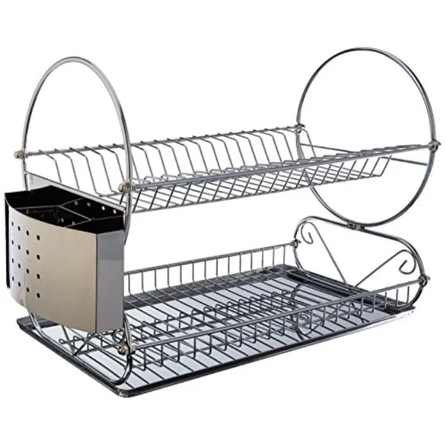 Chrome-plated two-tier dish rack with draining tray and utensil holder