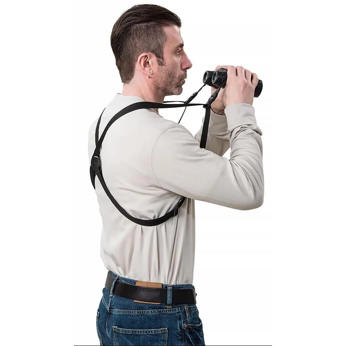 Black webbing camera and binocular harness with shoulder straps and quick-release buckles