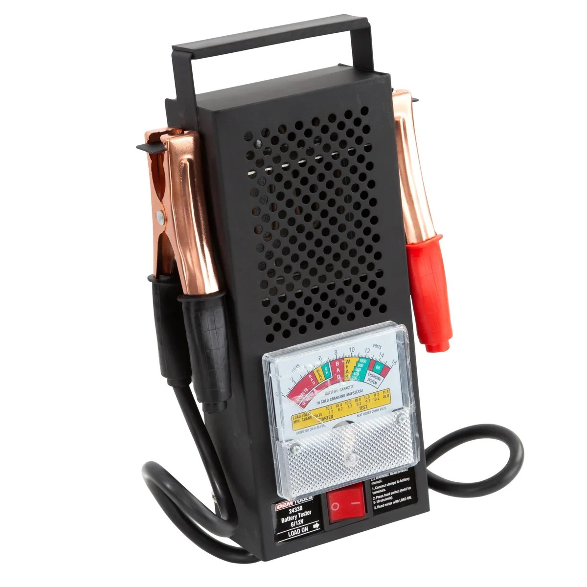 Rectangular steel case with handle, analog meter, heavy copper clamps, 12.3 x 7.1 x 3.6 inches