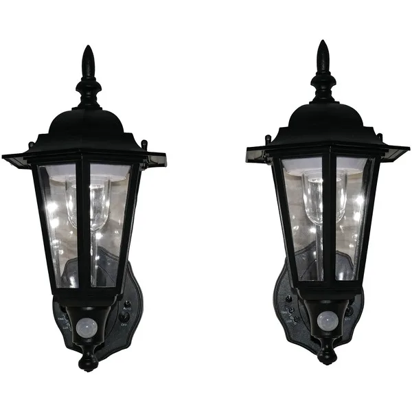Two black plastic LED wall sconces in a 2-pack