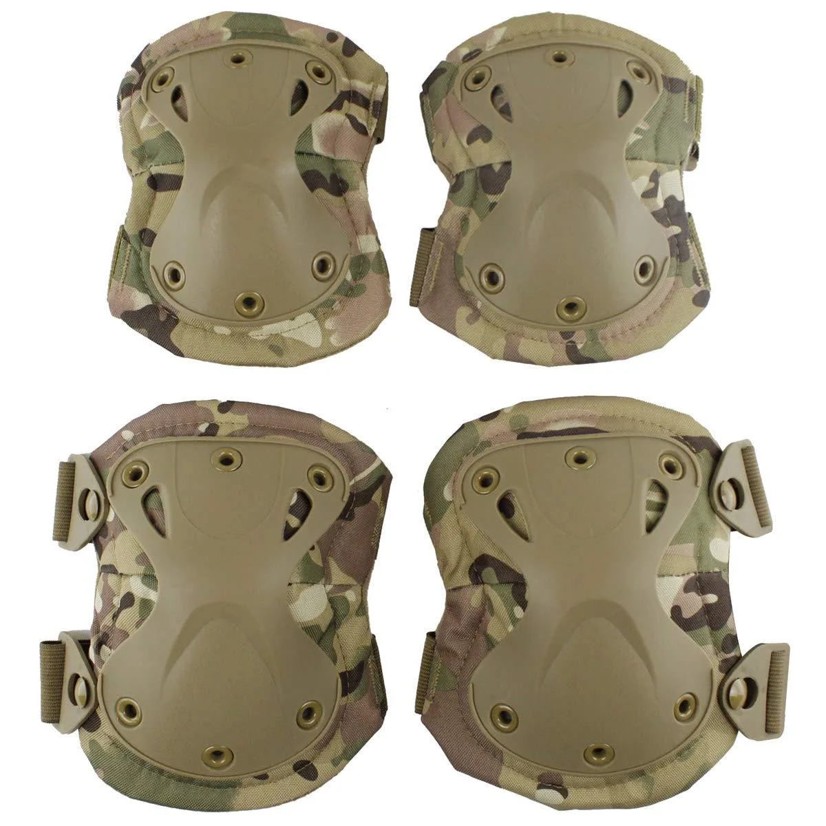 Pair of square knee pads and rectangular elbow pads in MC03 camouflage with X-shaped TPU shells and adjustable straps